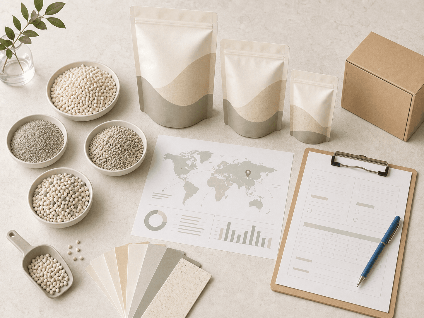 Illustration of cat litter materials, packaging formats and inquiry details