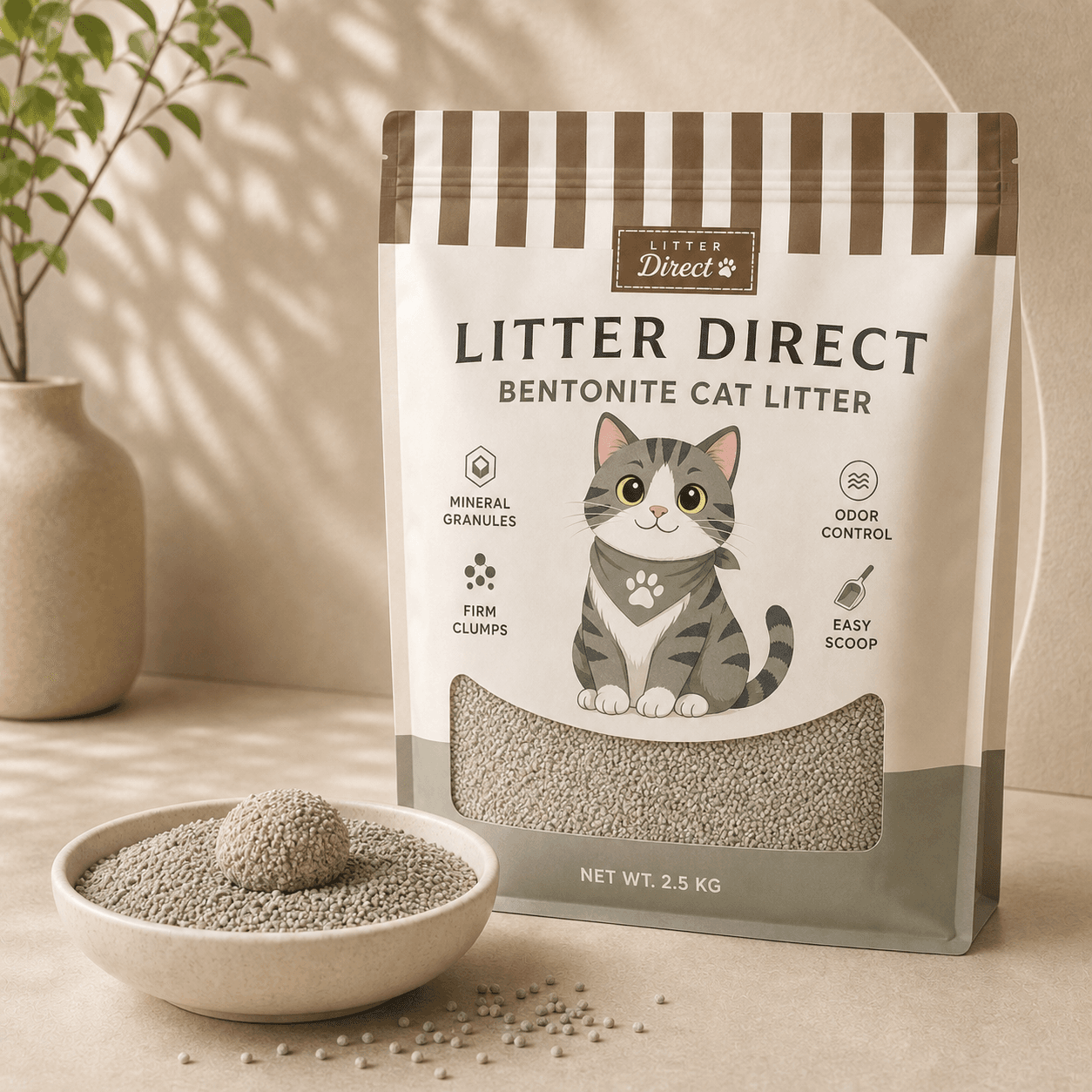 Bentonite Cat Litter product packaging and litter texture