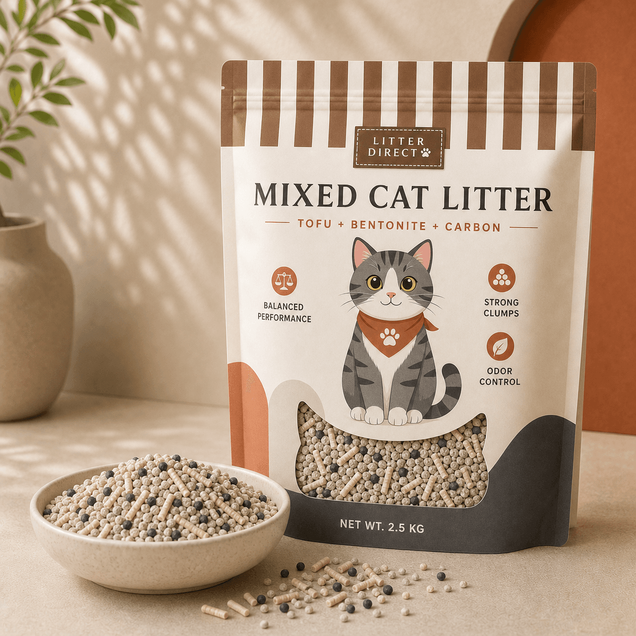 Mixed Cat Litter product packaging and litter texture