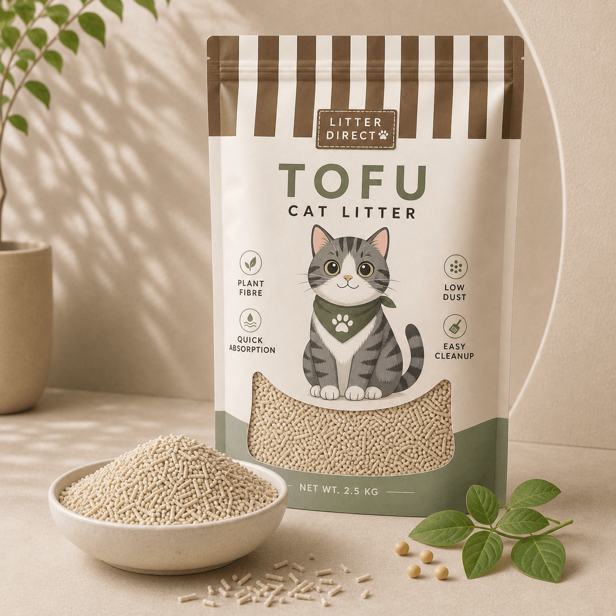 Tofu Cat Litter product packaging and litter texture