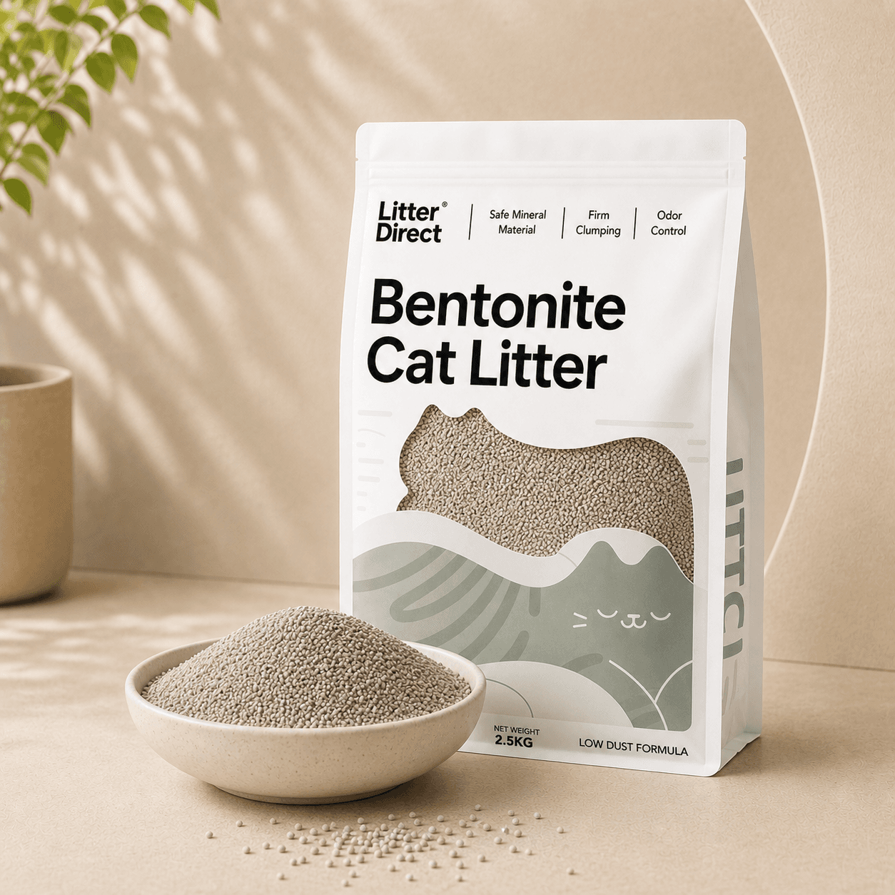 Bentonite Cat Litter package beside a bowl of matching litter material
