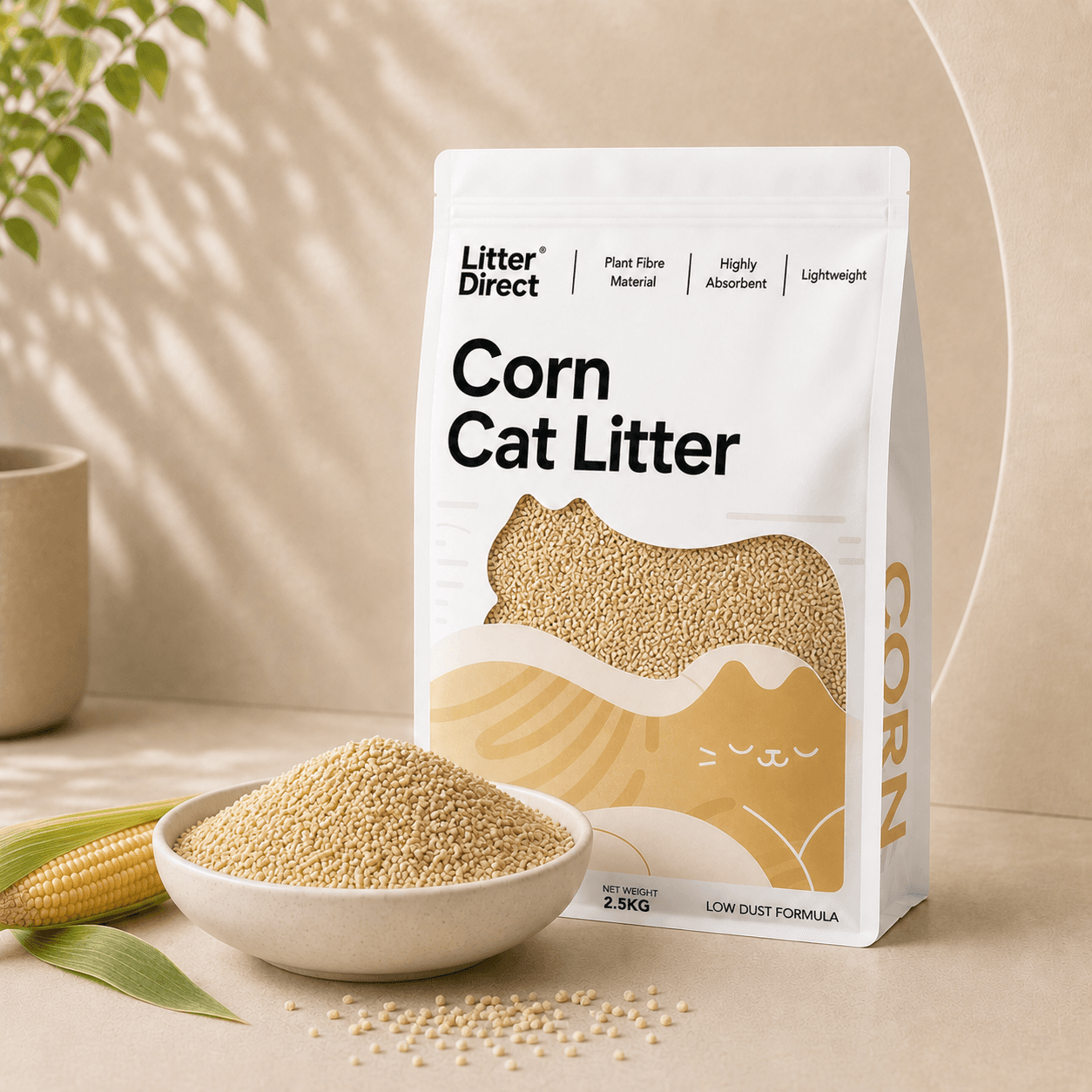 Corn Cat Litter package beside a bowl of matching litter material