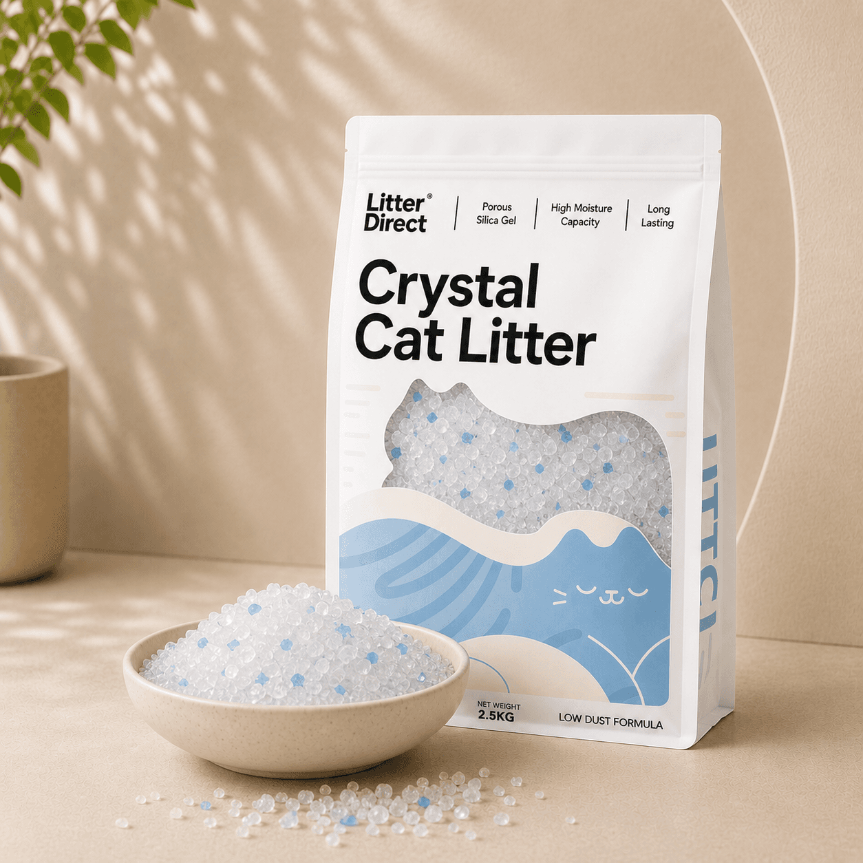 Crystal Cat Litter package beside a bowl of matching litter material