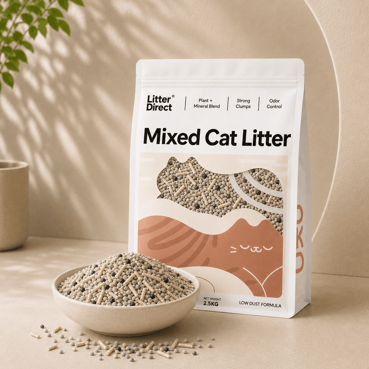 Mixed Cat Litter package beside a bowl of matching litter material