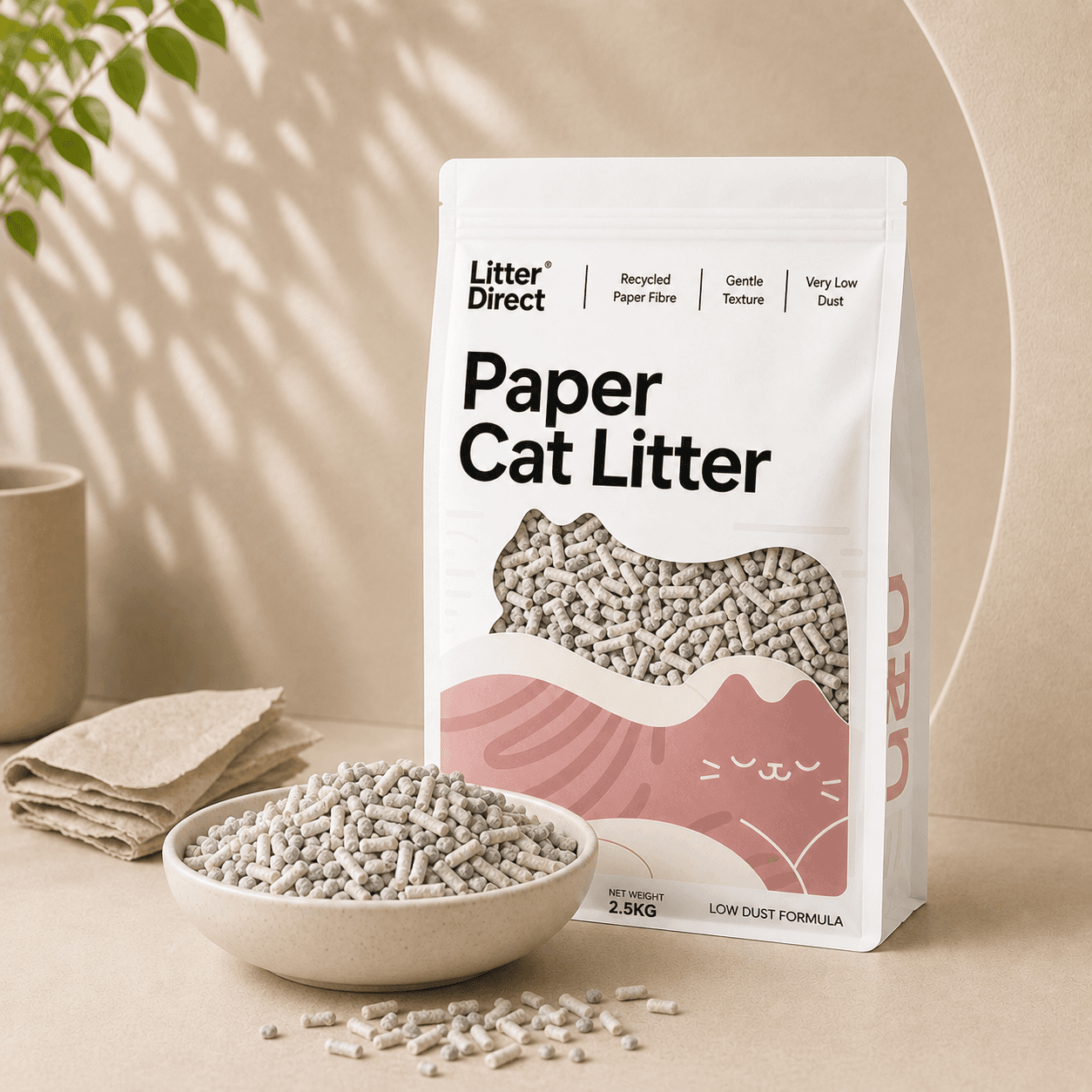 Paper Cat Litter package beside a bowl of matching litter material