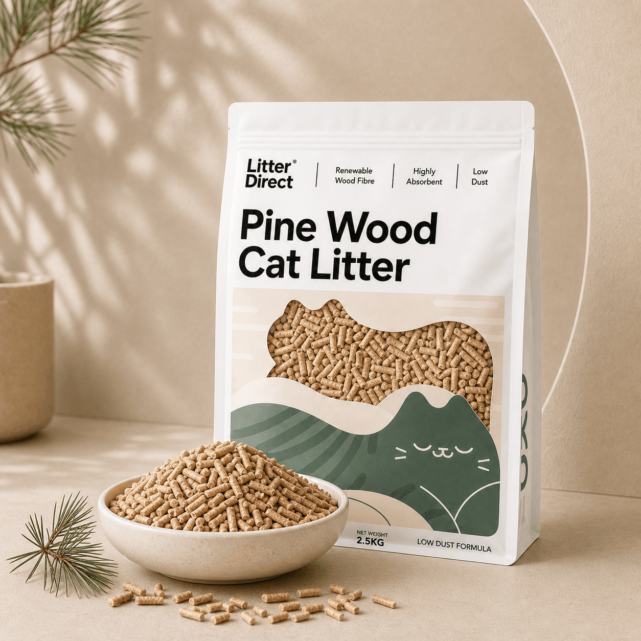 Pine Wood Cat Litter package beside a bowl of matching litter material