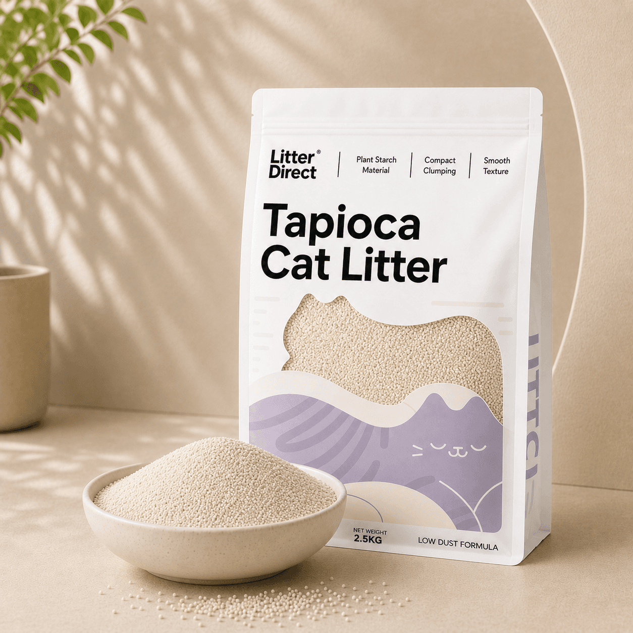 Tapioca Cat Litter package beside a bowl of matching litter material