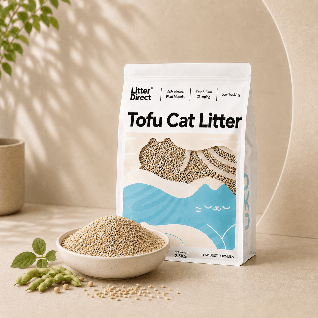 Tofu Cat Litter package beside a bowl of matching litter material