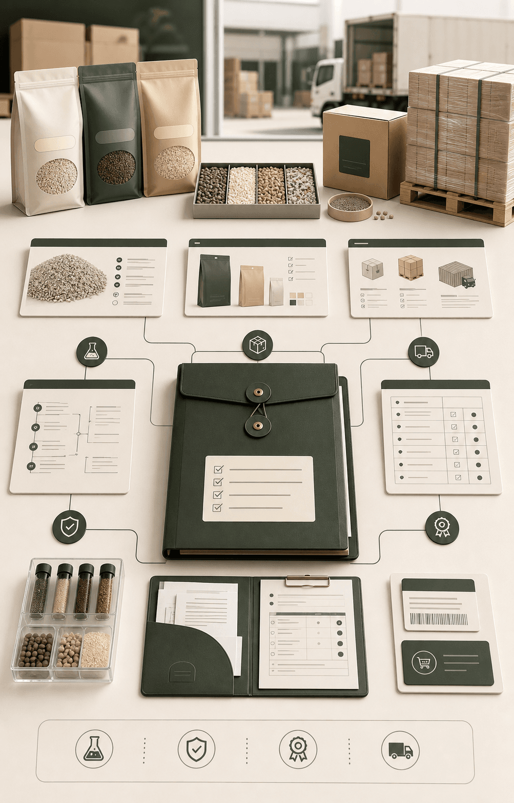 Illustration of an OEM and ODM order approval record with samples, specifications, packaging details and shipment notes