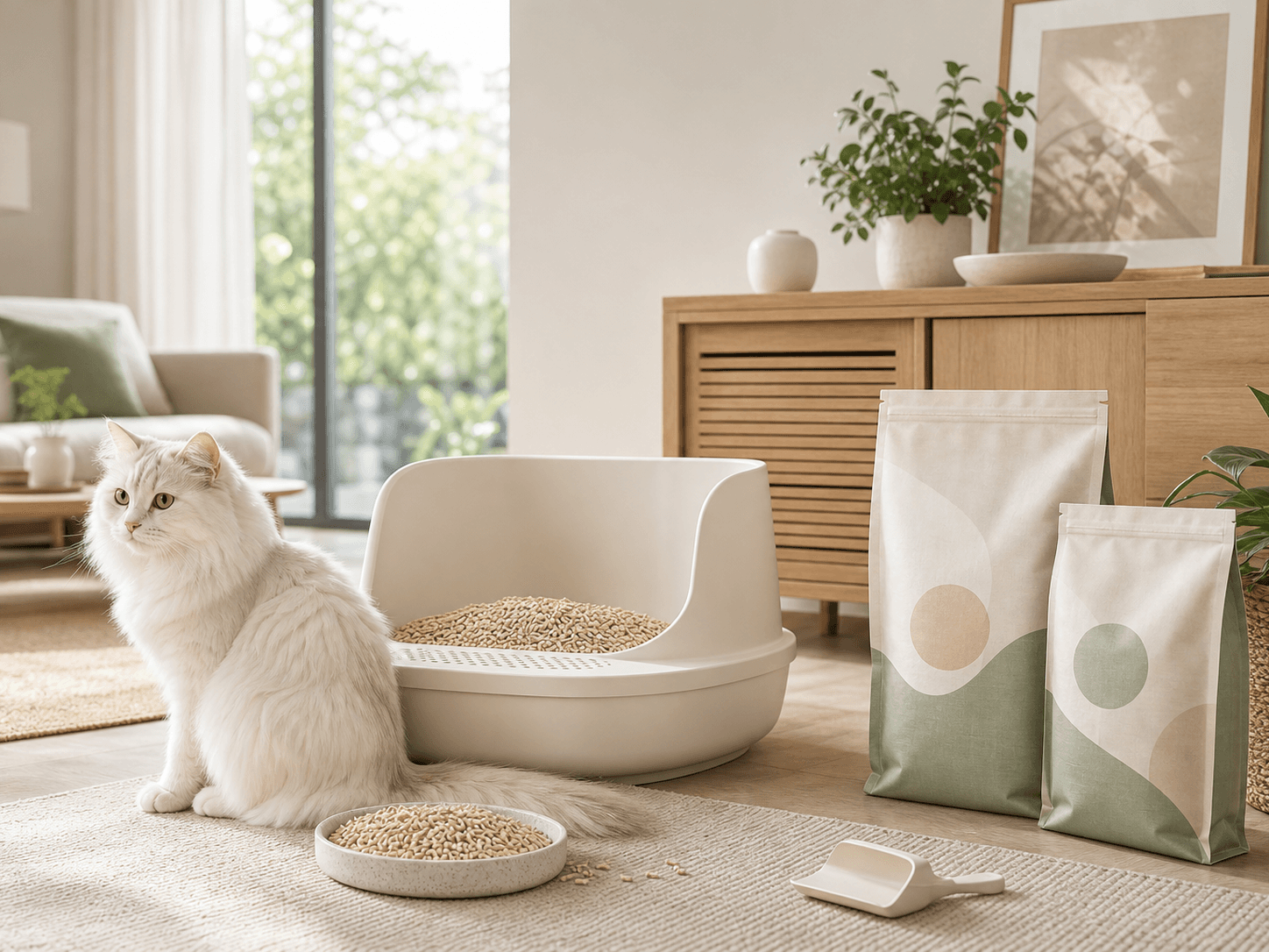Illustration of a plant-based private-label cat litter range in a home setting
