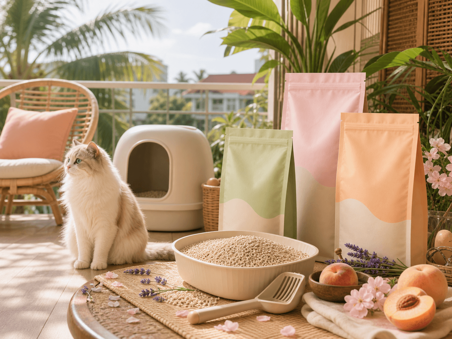Illustration of a private-label tofu cat litter range with fragrance options in a home setting