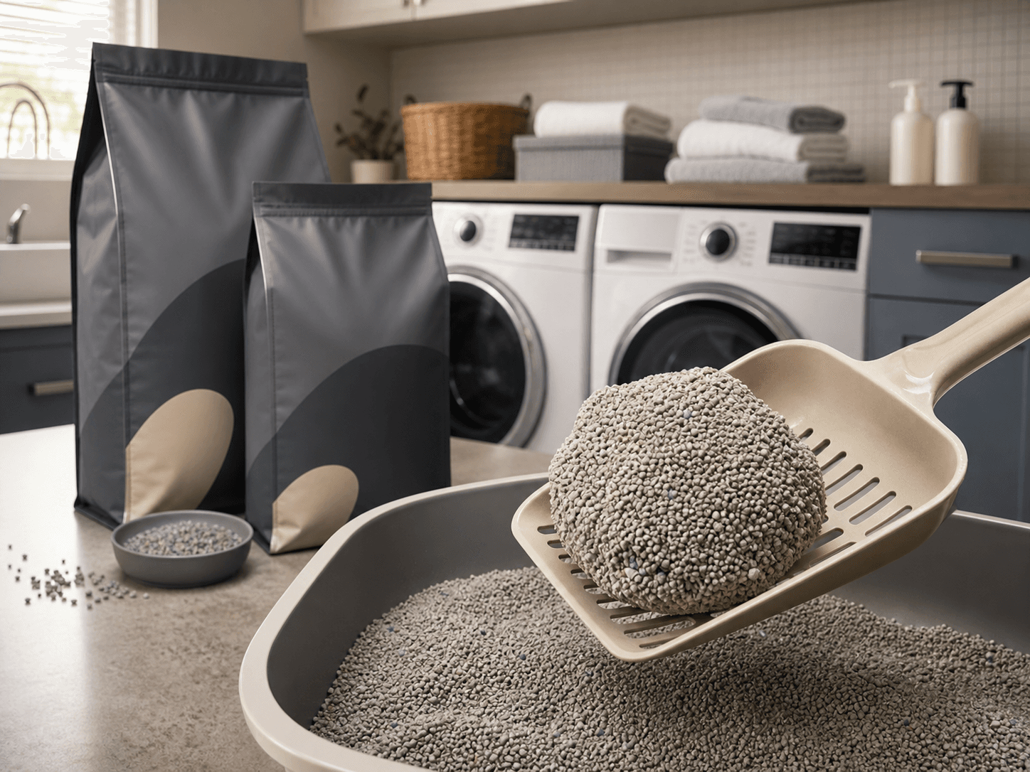 Illustration of a bentonite private-label cat litter range with a firm clump in a litter scoop