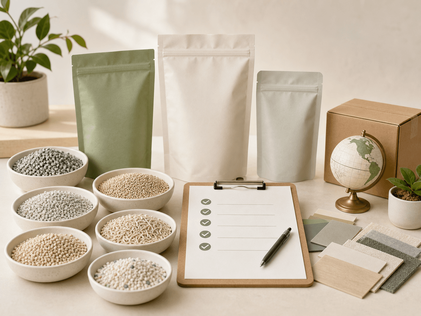 Illustration of cat litter samples, packaging mockups and sourcing documents for an OEM or ODM enquiry
