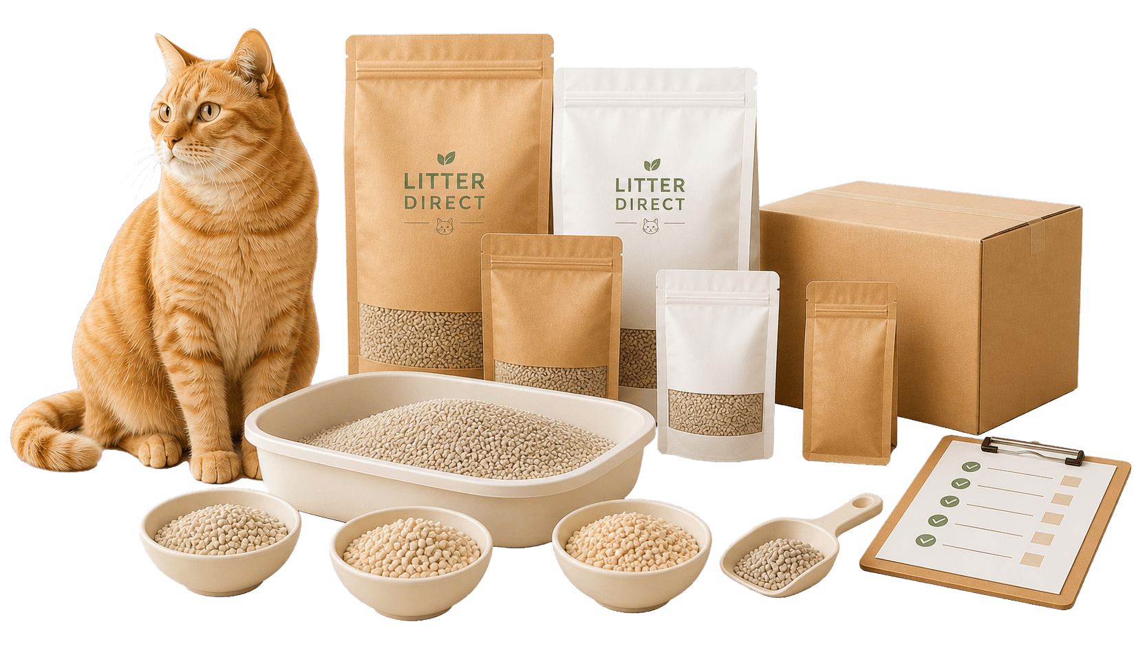 Illustration of an orange tabby cat with private-label cat litter packaging, samples and order documents