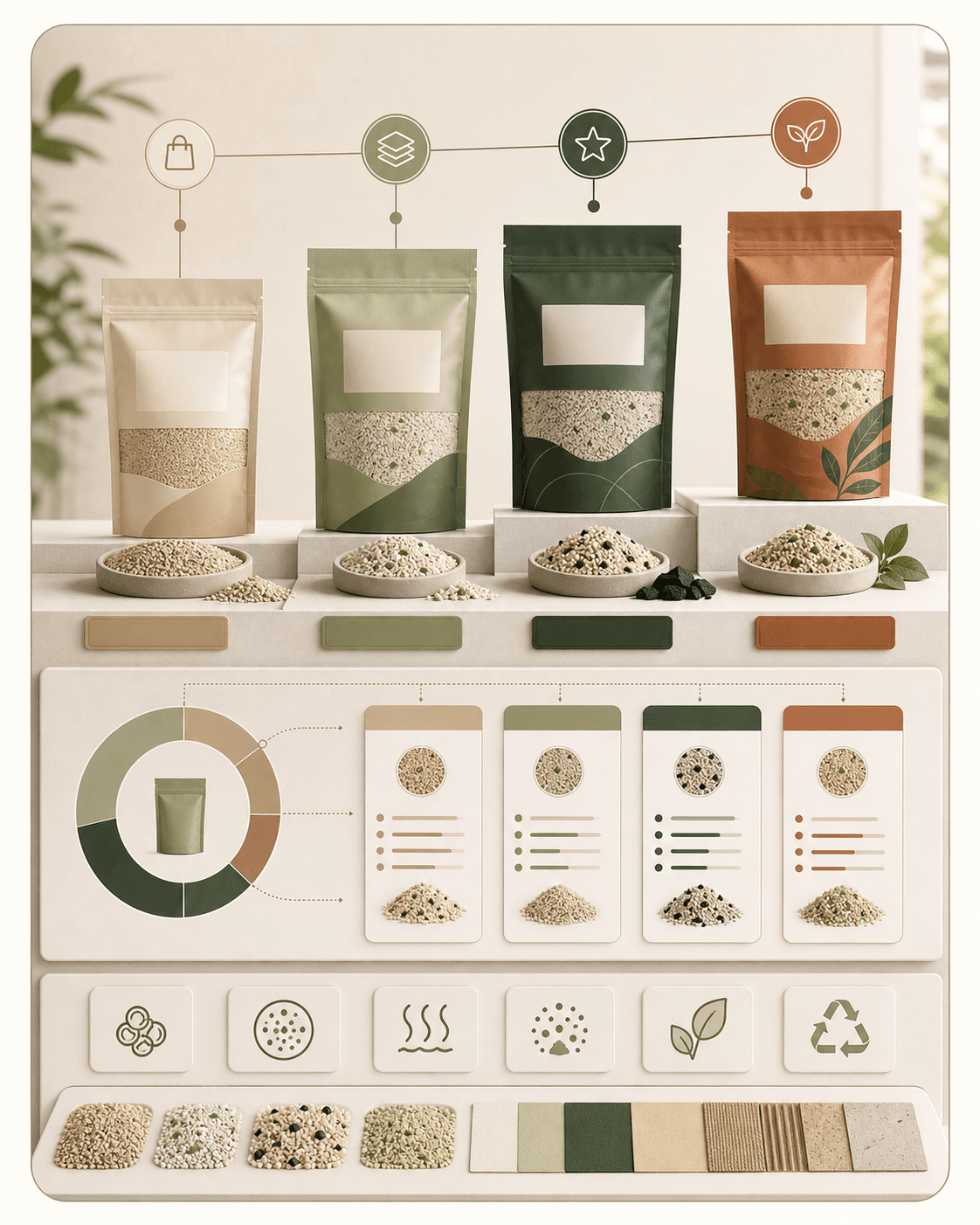 Illustration showing value, everyday, premium and specialist options in a private-label cat litter range