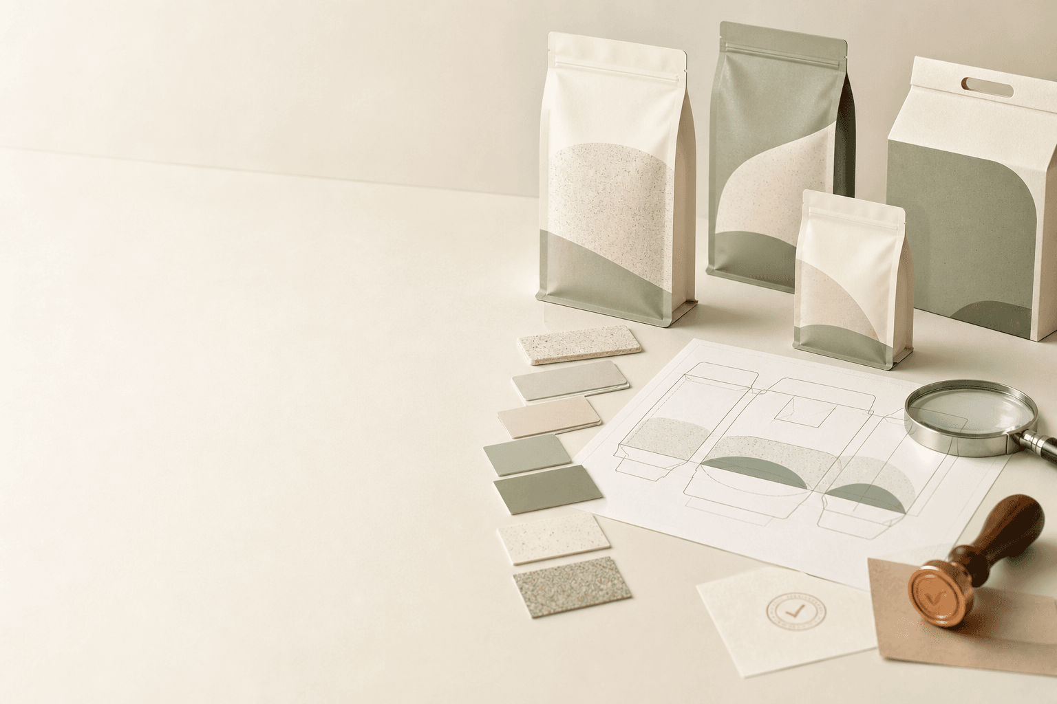Illustration showing private-label pouch concepts, color swatches and packaging artwork