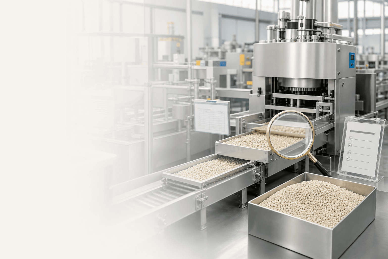 Illustration showing cat litter production and a product quality check