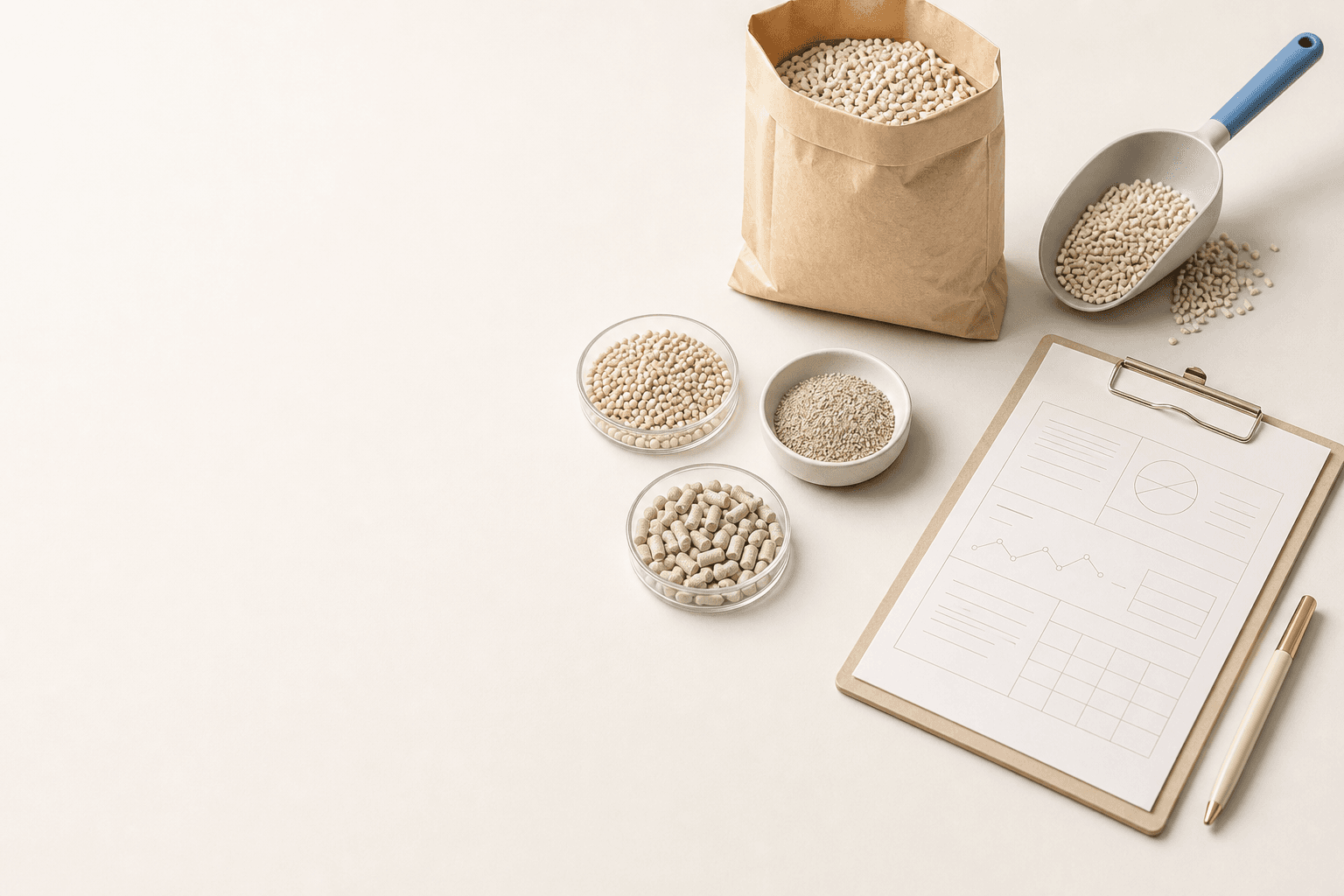 Illustration showing tofu cat litter samples and a sample evaluation sheet