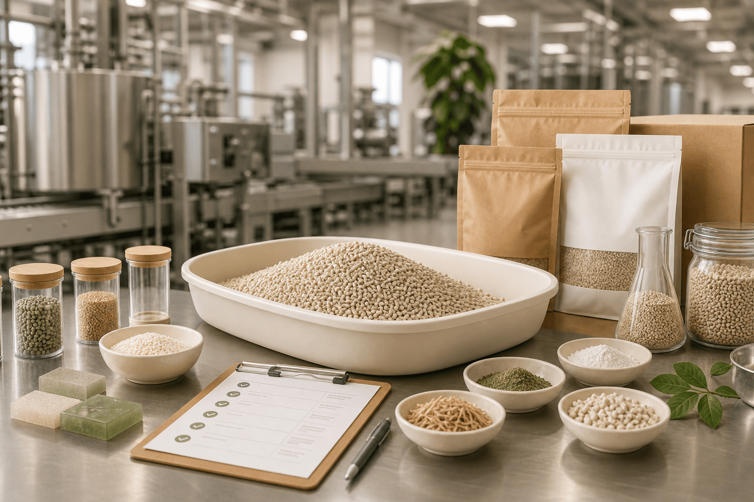 Illustration of cat litter raw material samples prepared for review