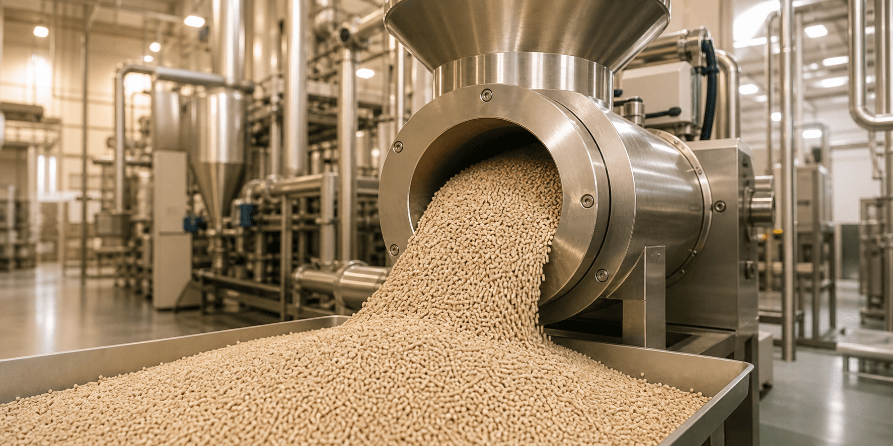 Illustration of granulation equipment forming cat litter pellets