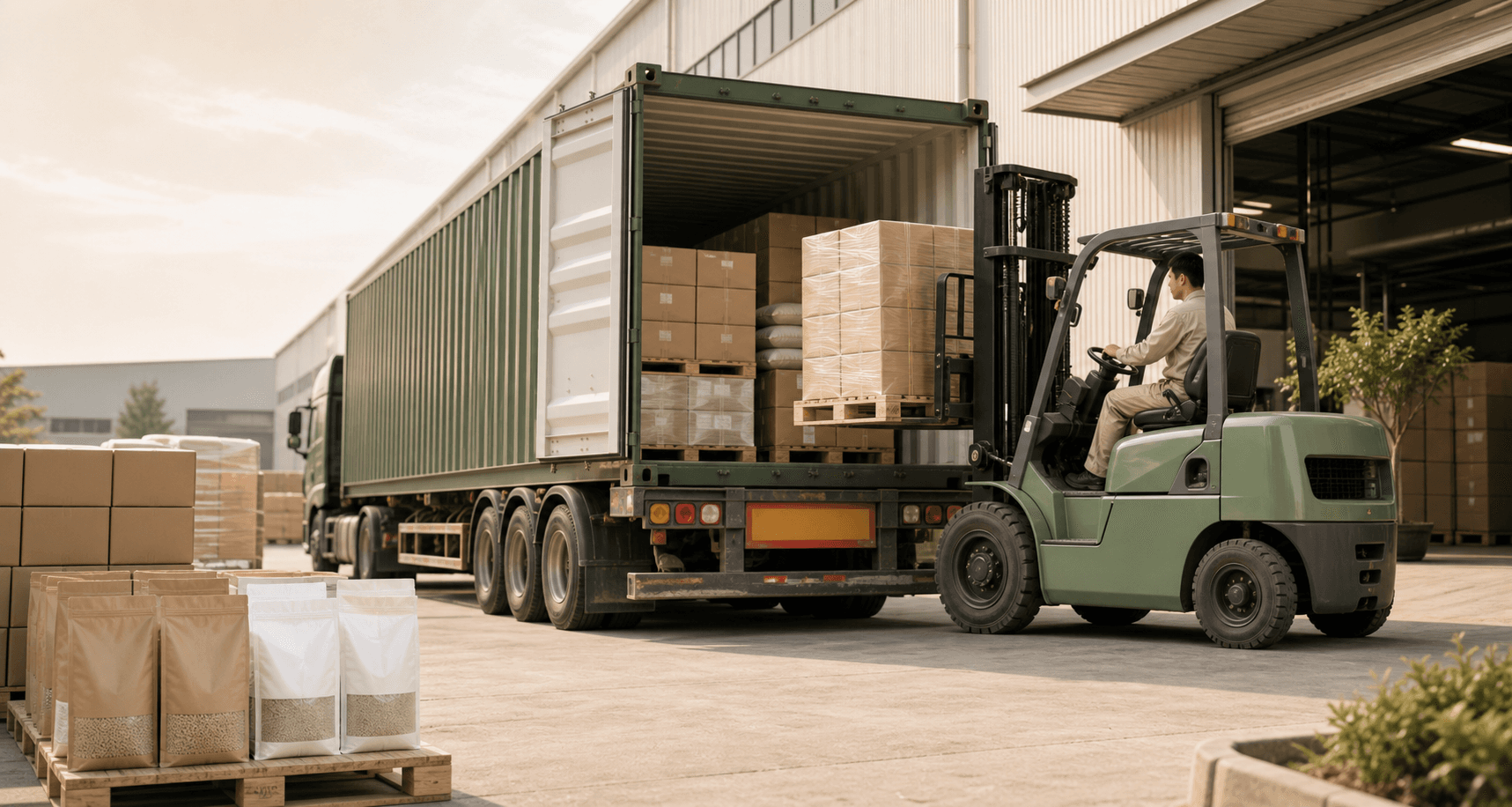 Illustration of packaged goods prepared for container shipment