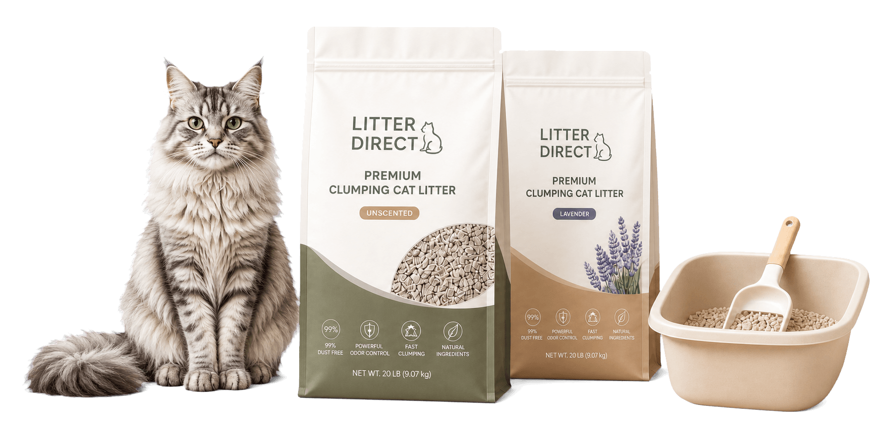 Two Litter Direct cat litter pouches with a long-haired cat, litter box and scoop