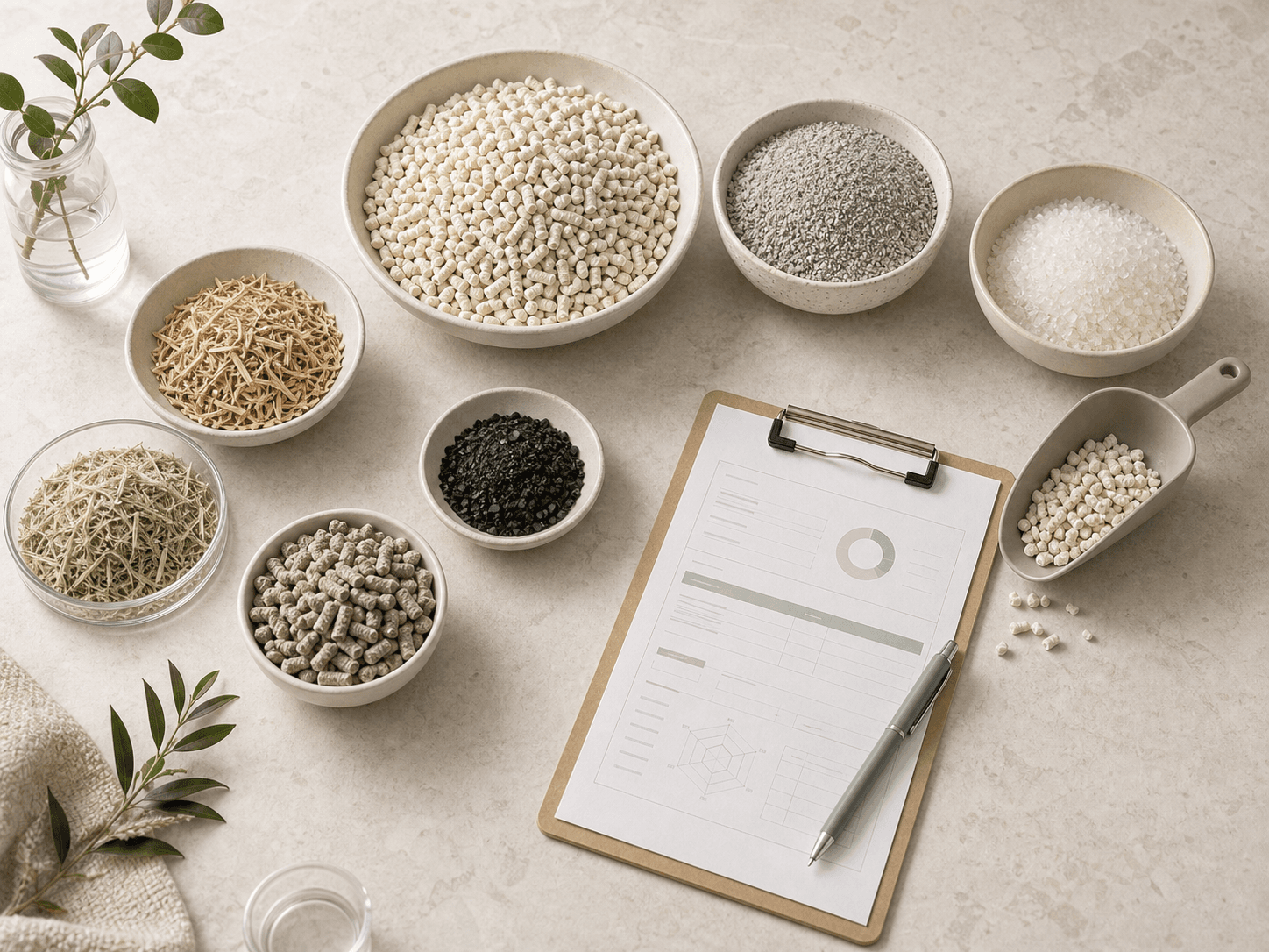 Illustration of mineral, plant-based and blended cat litter materials prepared for comparison