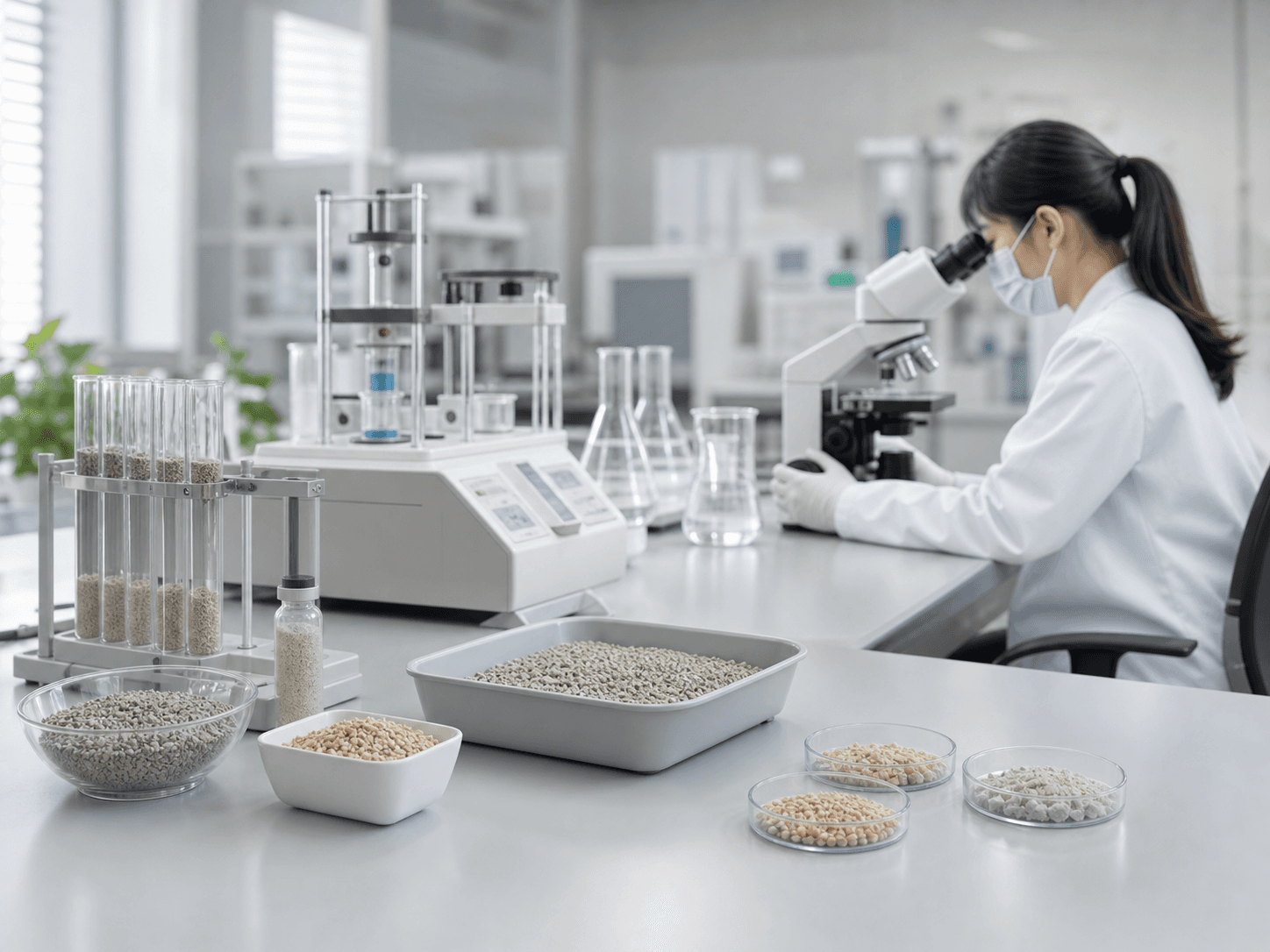 Illustration of cat litter samples and equipment used for product evaluation
