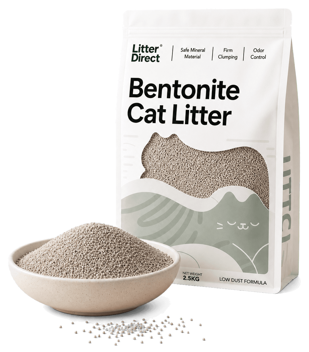 Litter Direct Bentonite Cat Litter pouch with a ceramic bowl of mineral litter granules