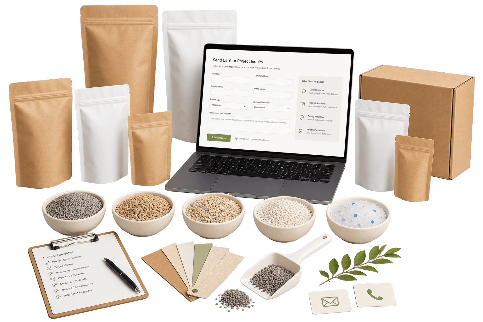 Illustration of cat litter products, packaging samples and an inquiry form