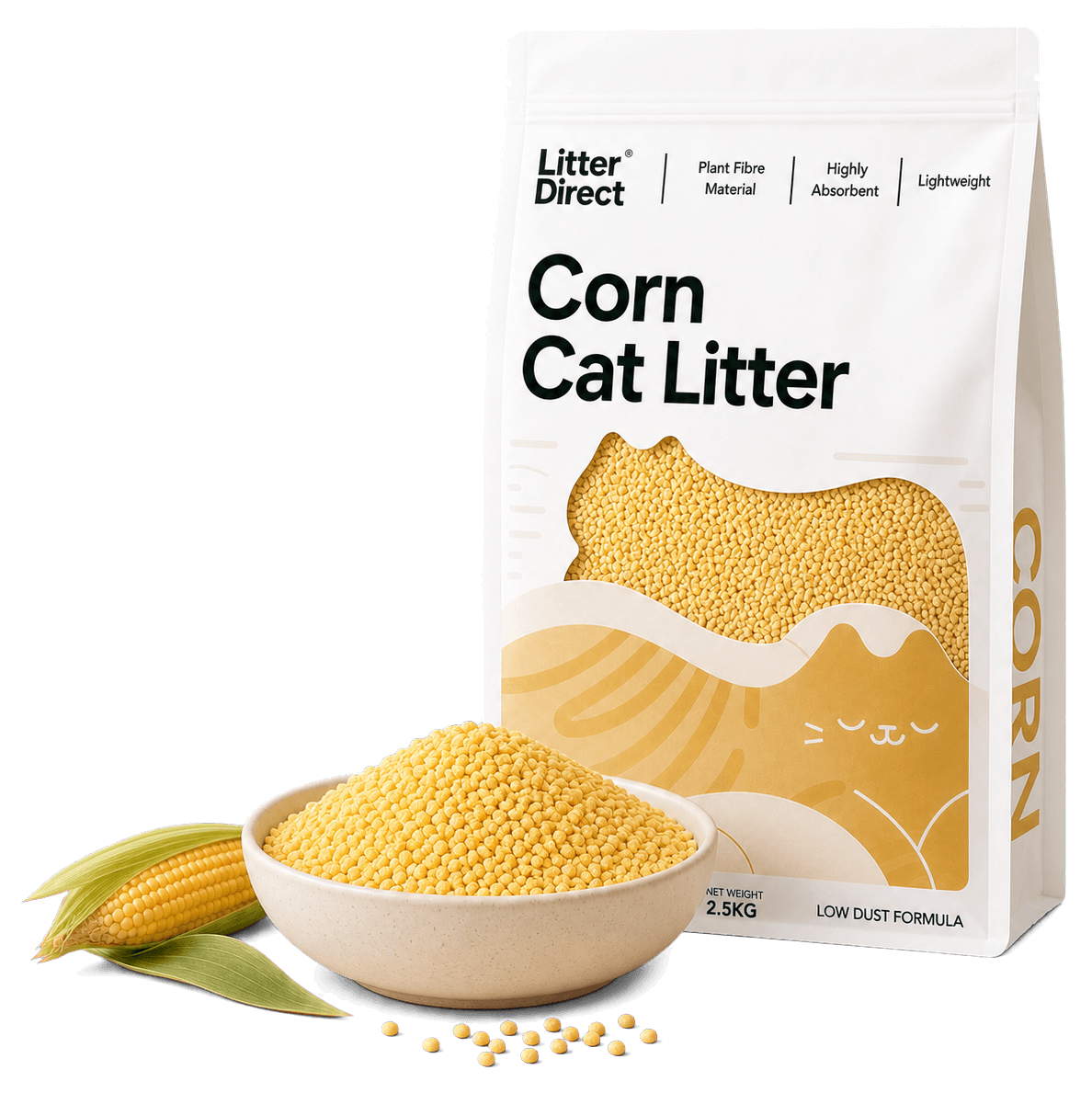 Litter Direct Corn Cat Litter pouch with a ceramic bowl of pale golden corn granules and a small corn cob