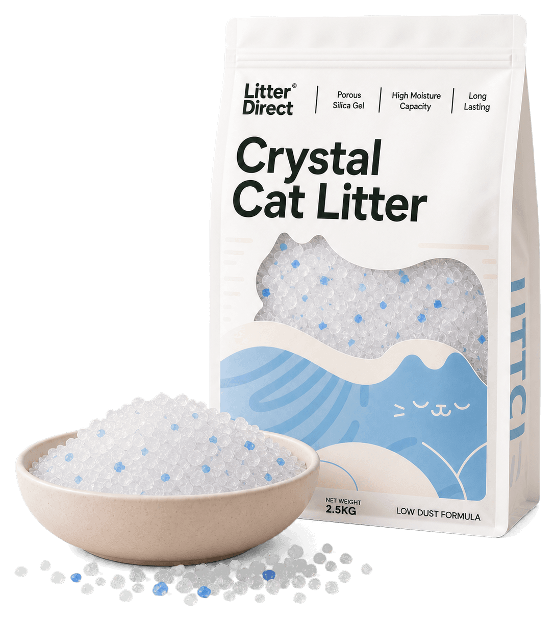 Litter Direct Crystal Cat Litter pouch with a ceramic bowl of translucent silica crystals and blue accent granules
