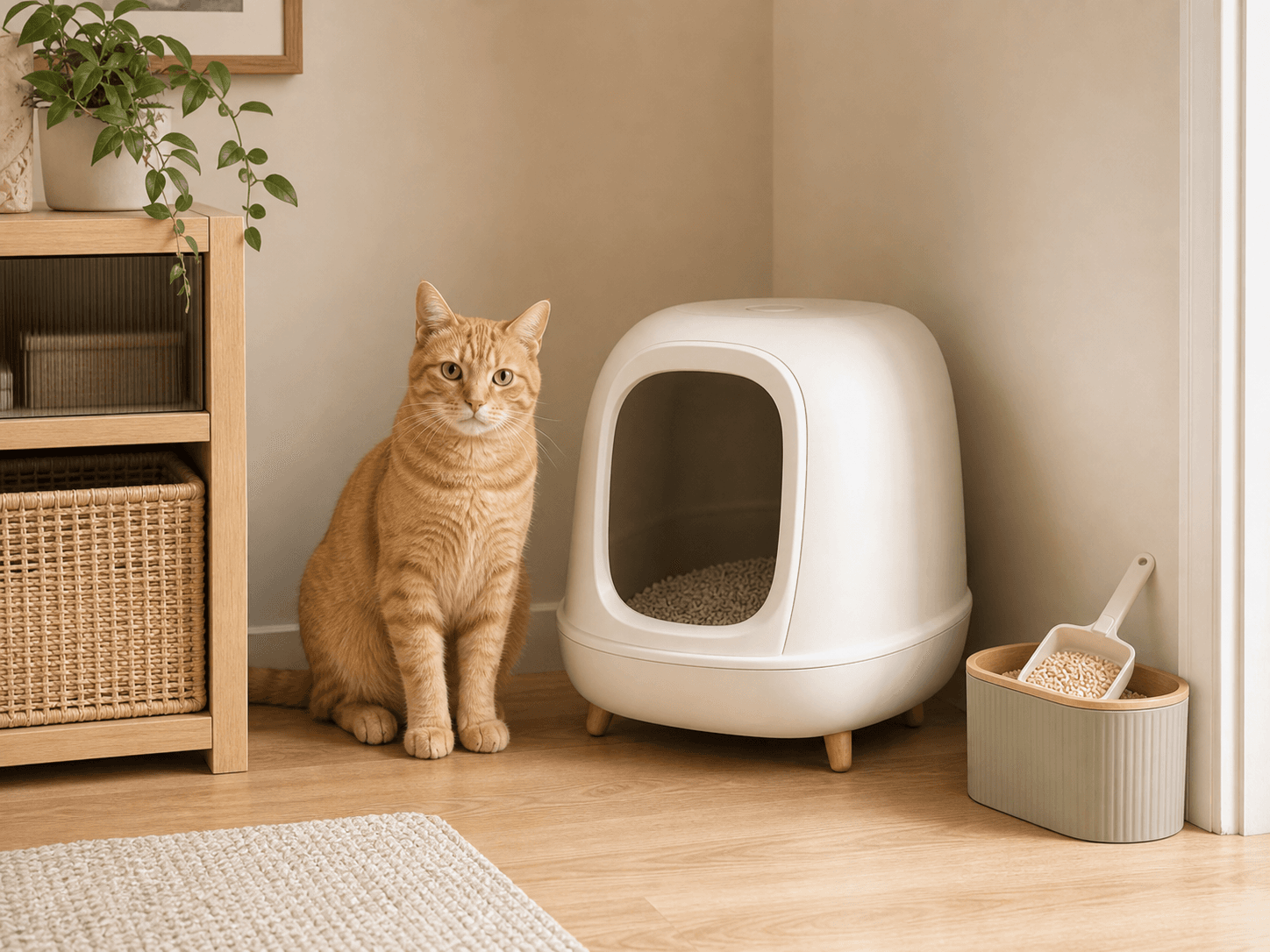 An orange cat beside a covered litter box in a furnished room