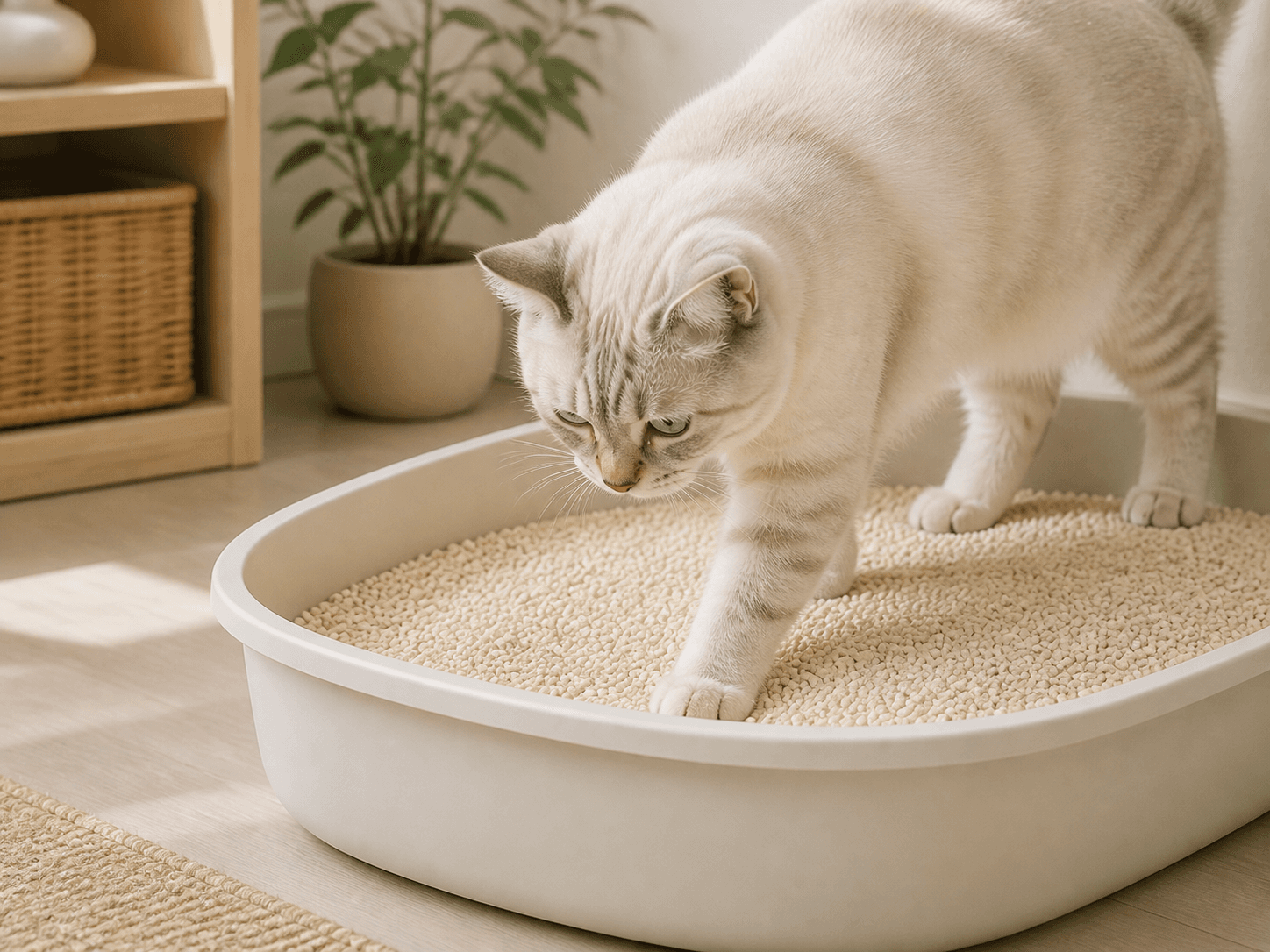 A white cat stepping into a large open litter tray