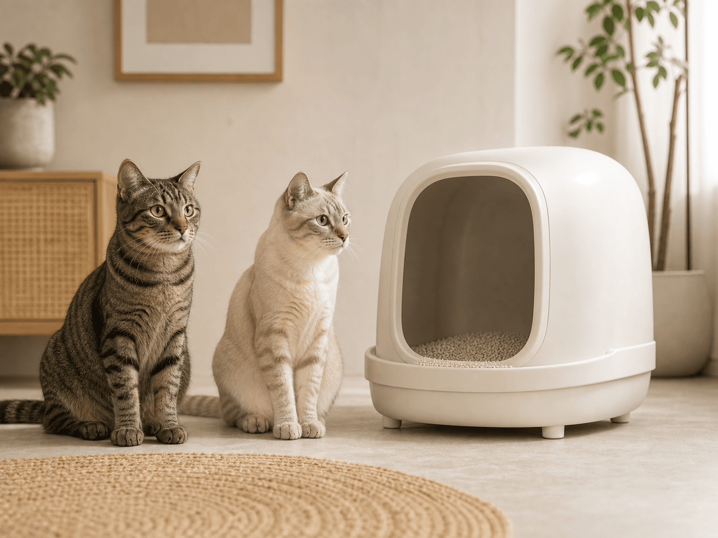 Two cats beside a covered litter box in a home setting