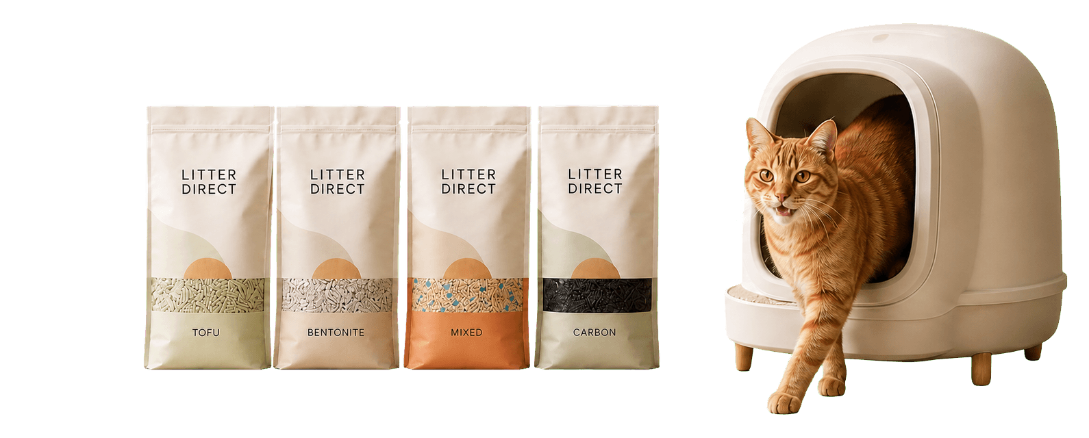 Four Litter Direct cat litter bags beside an orange cat leaving a modern litter box