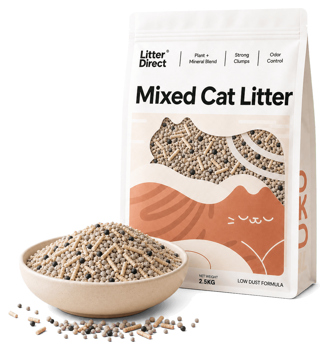 Litter Direct Mixed Cat Litter pouch with a ceramic bowl of plant-fiber and mineral litter granules