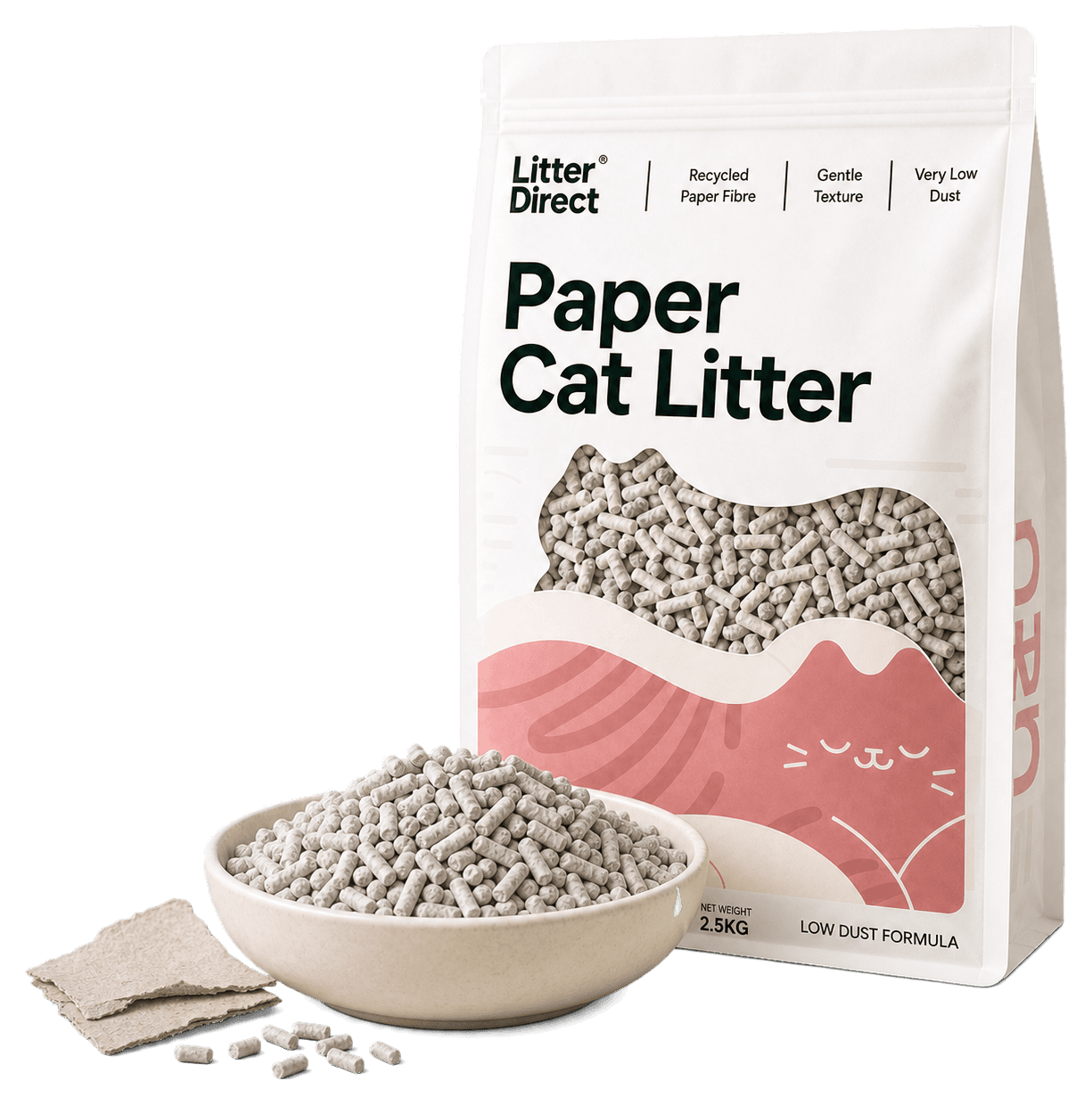 Litter Direct Paper Cat Litter pouch with a ceramic bowl of processed paper-fiber pellets and a fiber sample