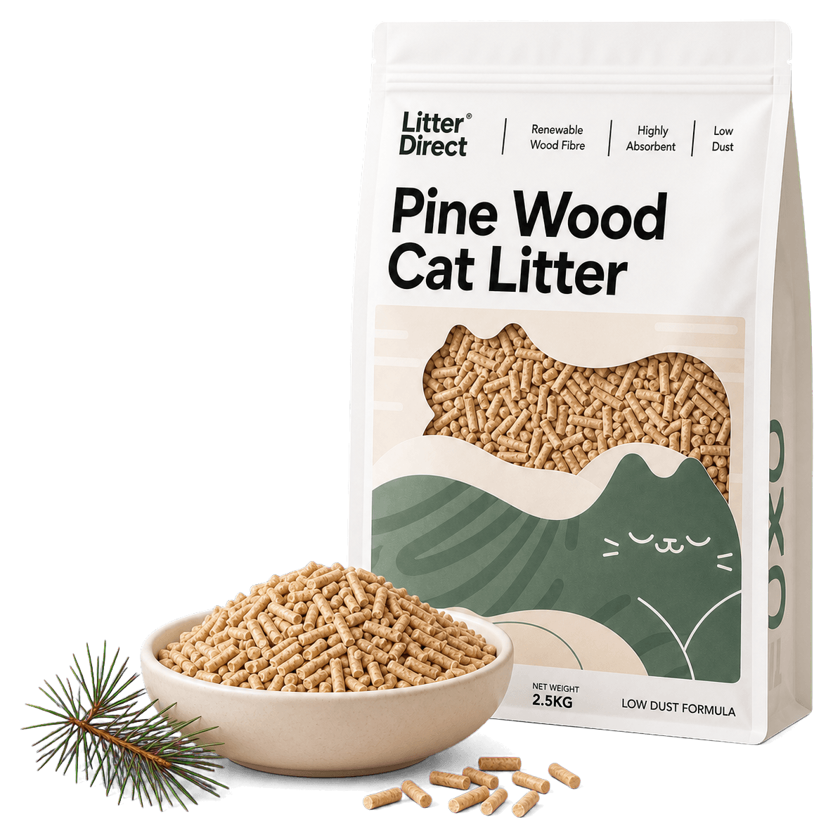 Litter Direct Pine Wood Cat Litter pouch with a ceramic bowl of compressed wood-fiber pellets and a pine sprig