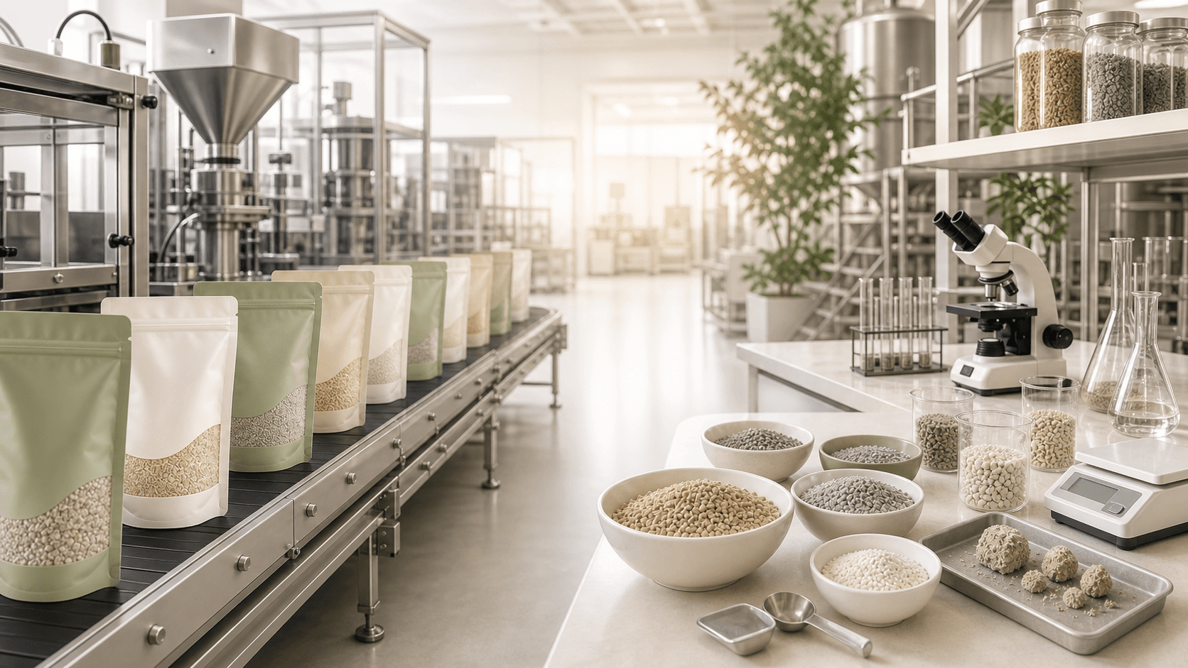 Illustration of cat litter production, product review and packaging preparation