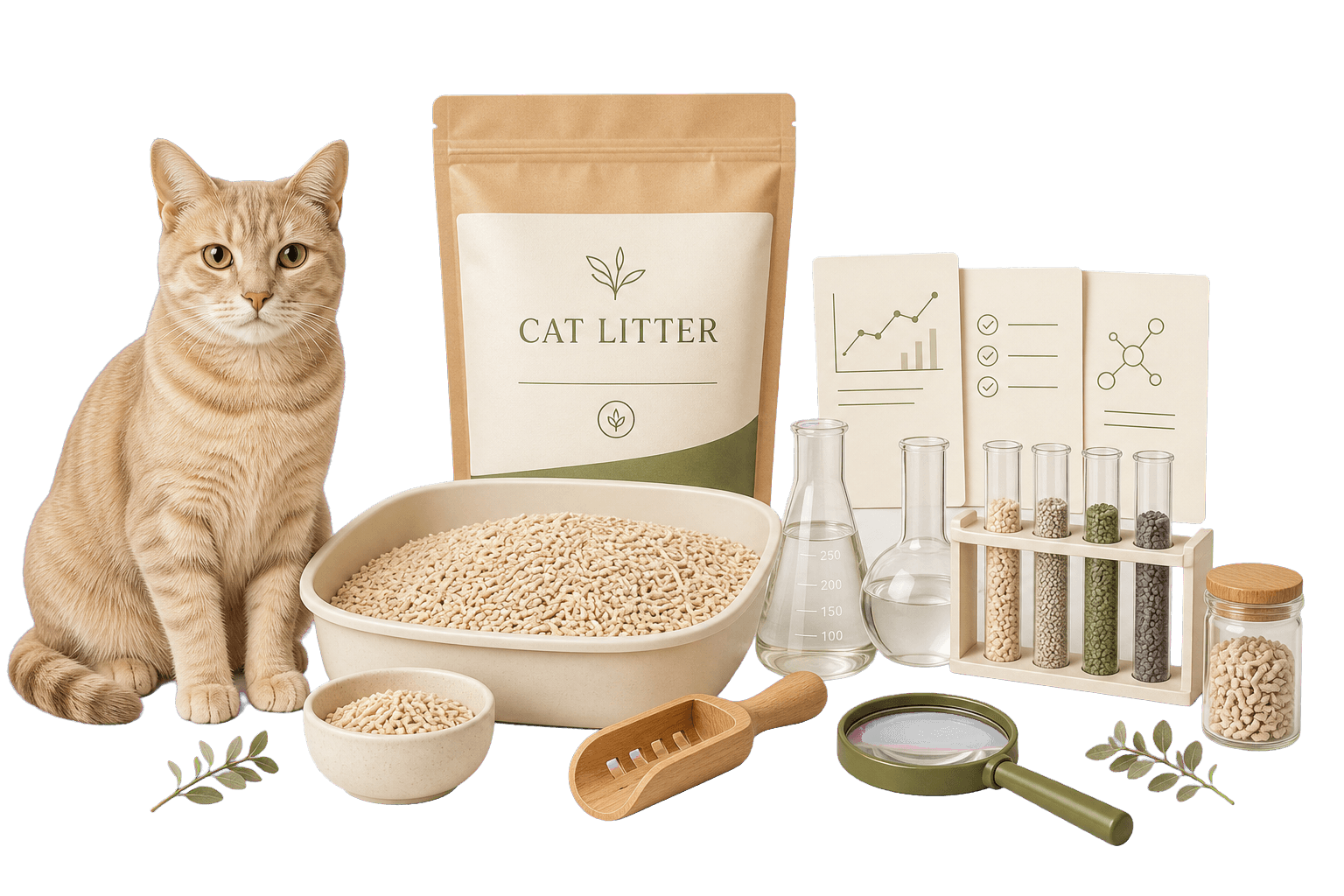 Illustration of a cat litter display with a cat, litter tray, packaging, product samples and buyer guides