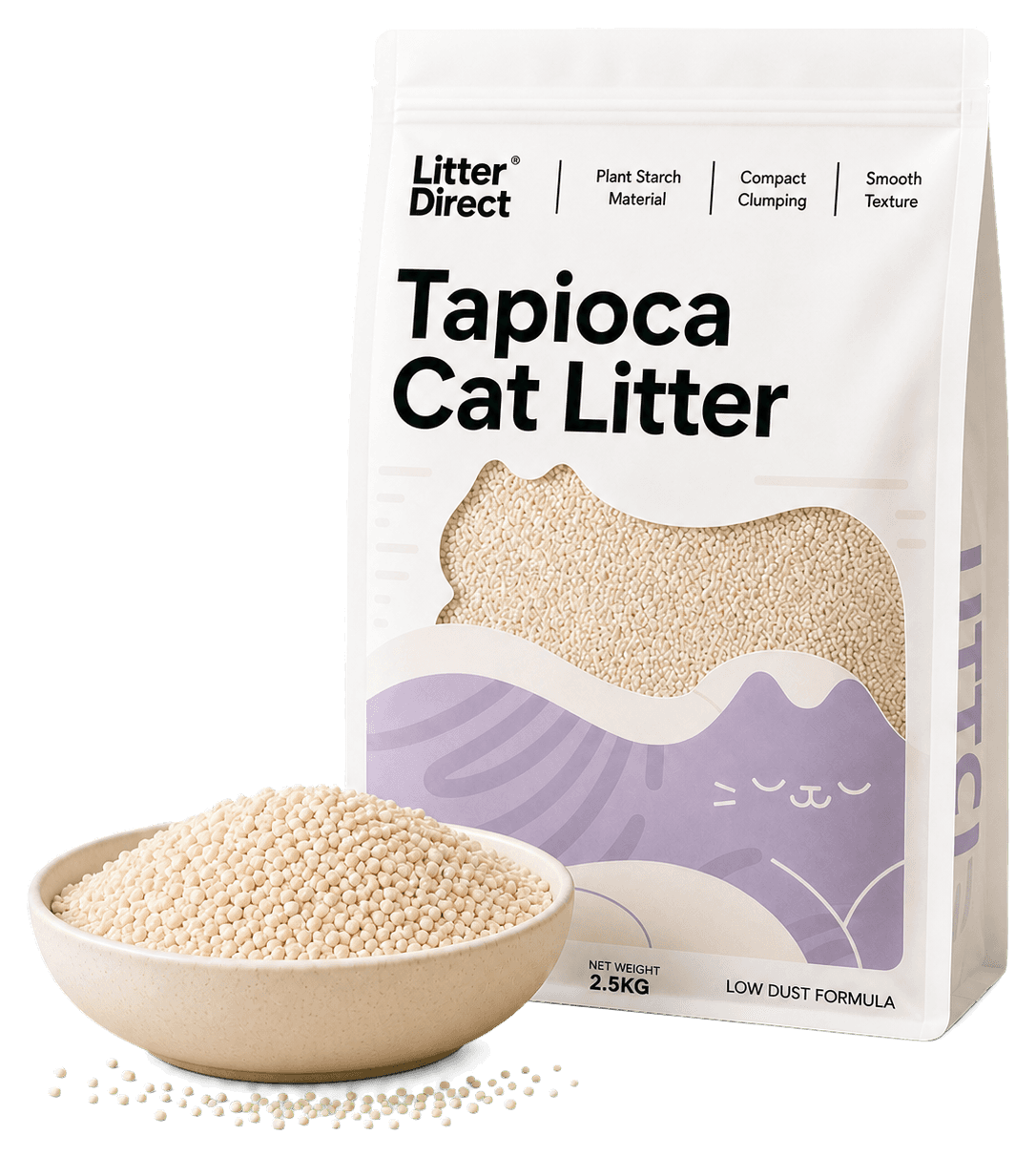 Litter Direct Tapioca Cat Litter pouch with a ceramic bowl of pale tapioca litter granules