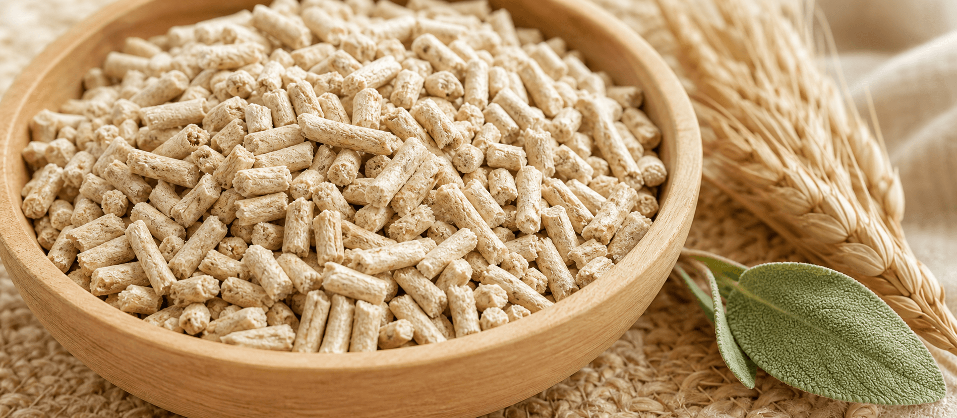 Renewable plant-fiber litter pellets with wheat and sage leaves