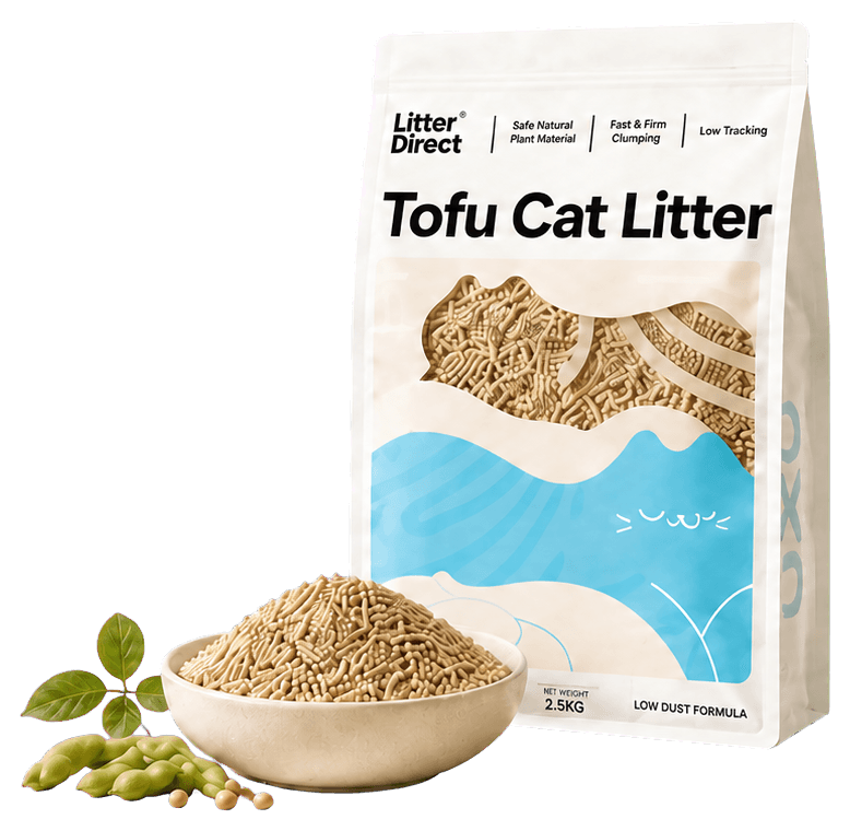 Litter Direct Tofu Cat Litter pouch with a ceramic bowl of tofu litter pellets and soybean leaves
