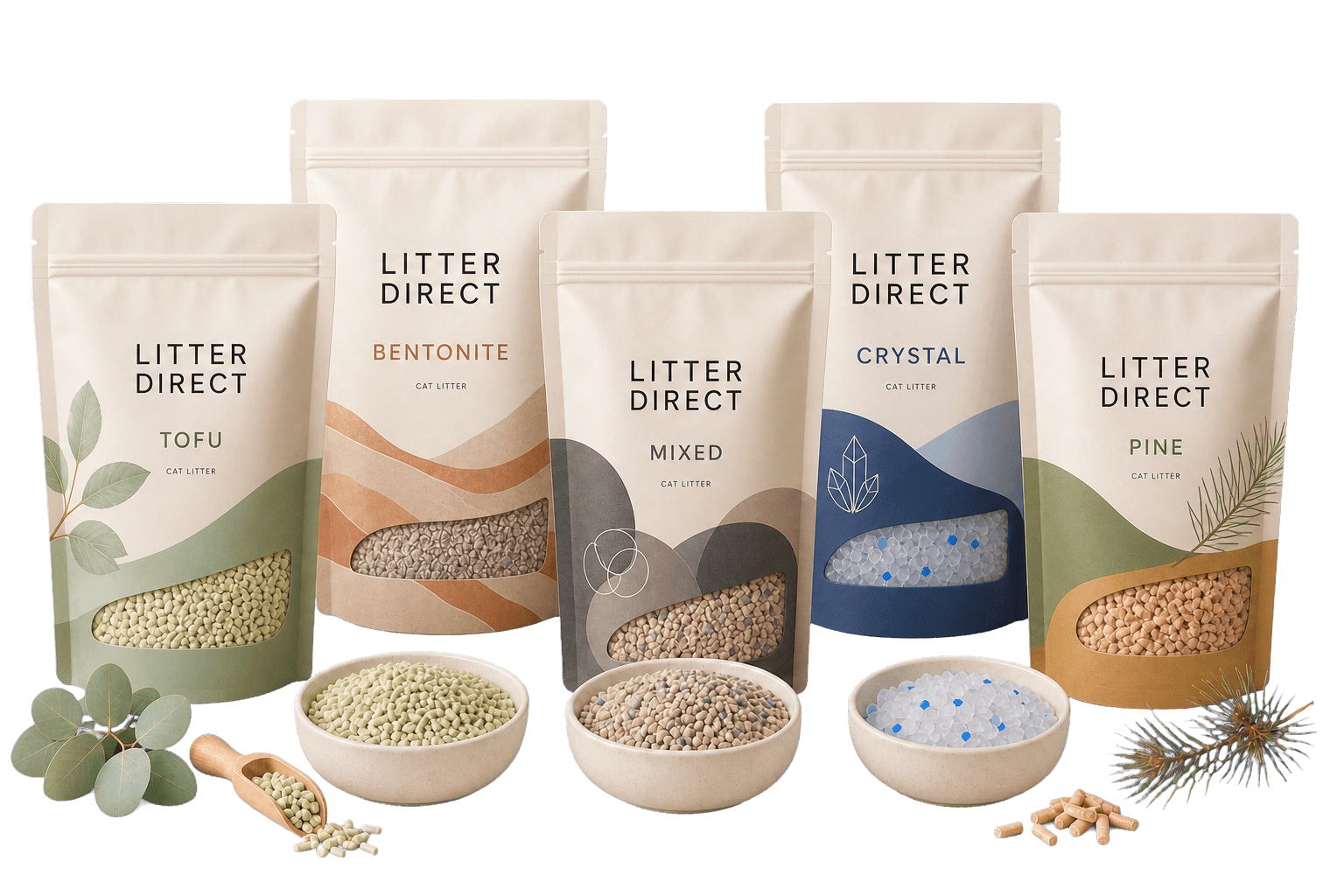 Illustration of five private-label cat litter packs with tofu, bentonite, mixed, crystal and pine litter samples
