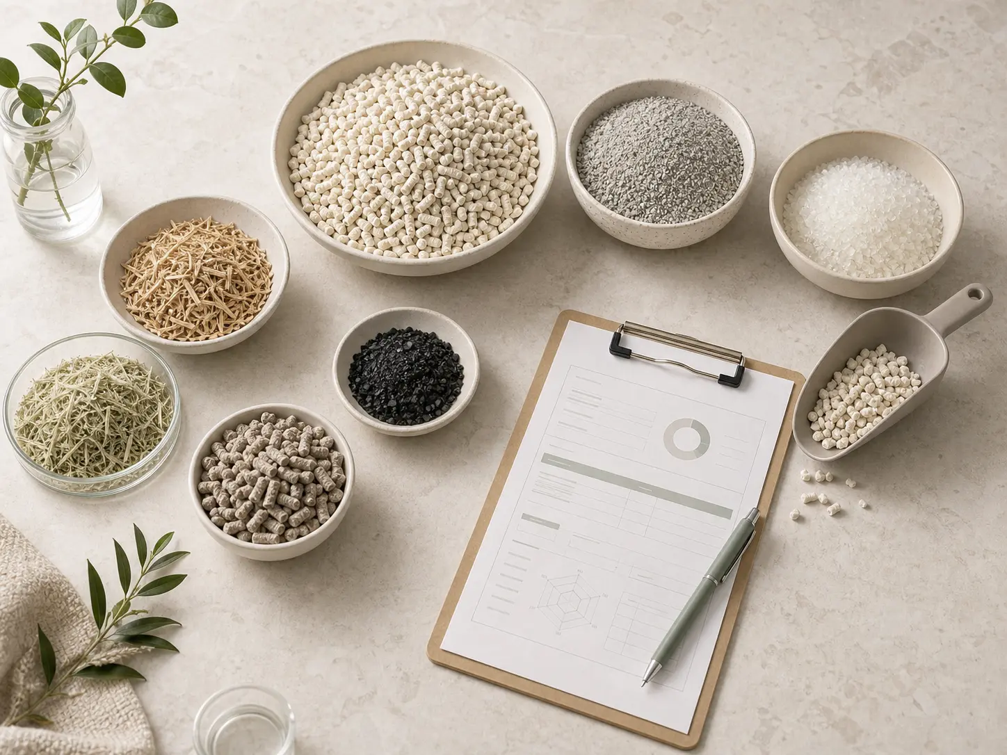 Illustration of mineral, plant-based and blended cat litter materials prepared for comparison