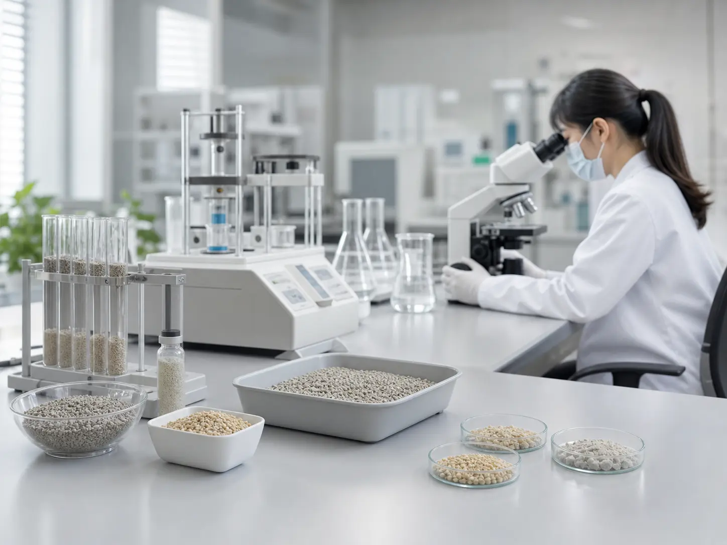 Illustration of cat litter samples and equipment used for product evaluation