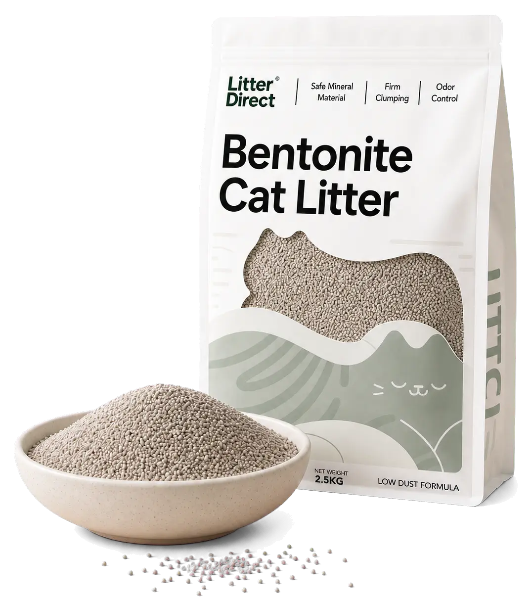 Litter Direct Bentonite Cat Litter pouch with a ceramic bowl of mineral litter granules
