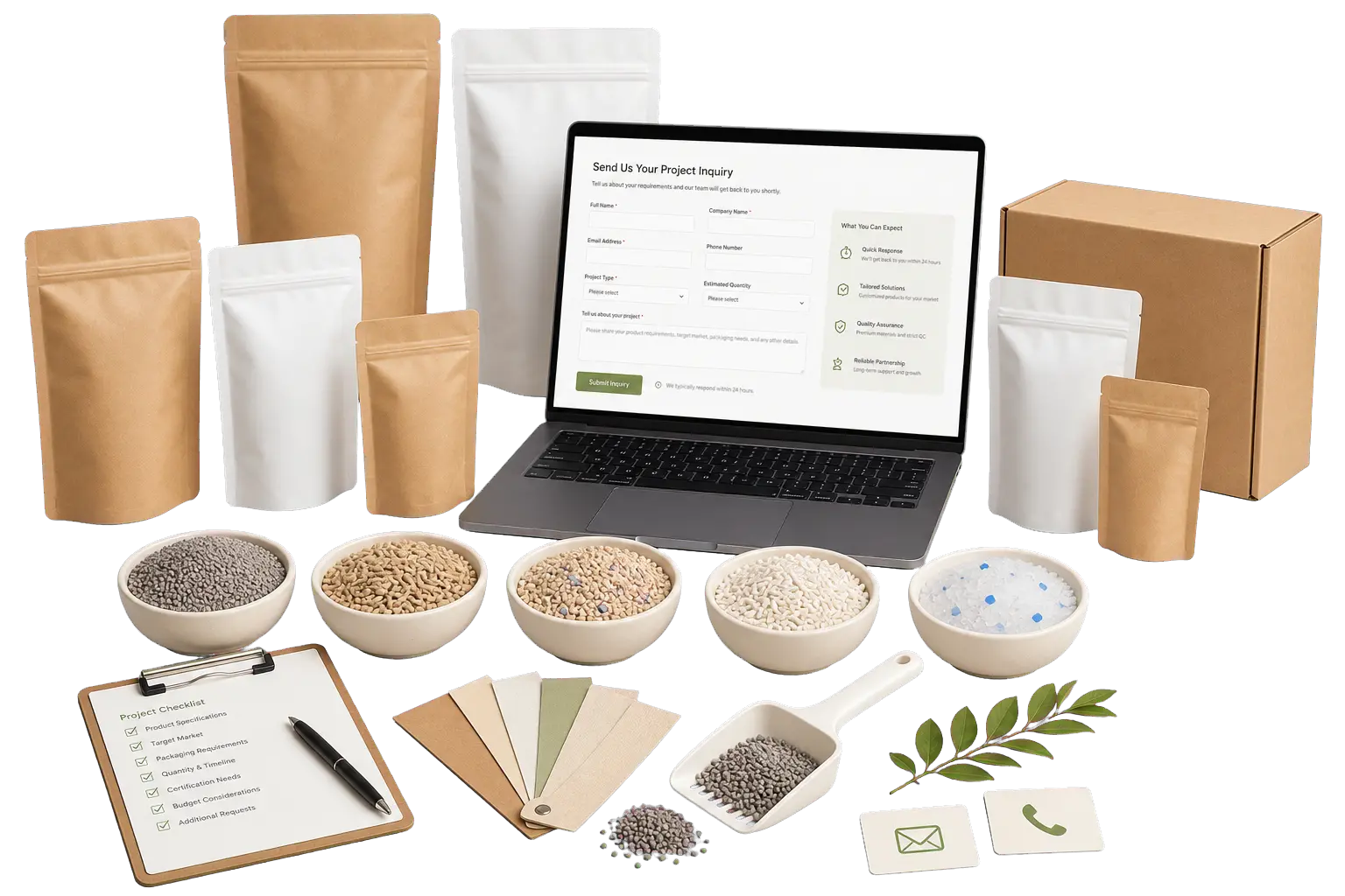 Illustration of cat litter products, packaging samples and an inquiry form