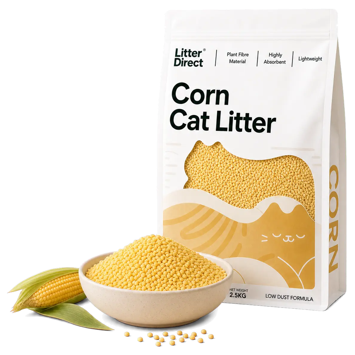 Litter Direct Corn Cat Litter pouch with a ceramic bowl of pale golden corn granules and a small corn cob
